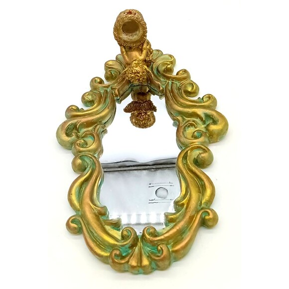 Hollywood Regency Gold With Turquoise Accents Ornate 9X14 Angel Sconce Mirror - Picture 5 of 7